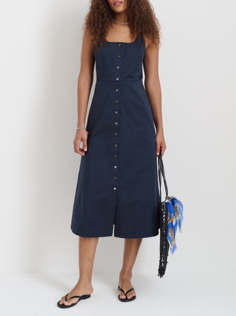 Alex Mill Piper Dress In Cotton Navy Blue Sleeveless Button Front Midi Sz L